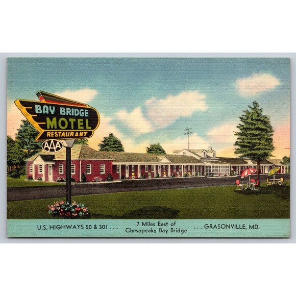 Postcard Maryland Grasonville Bay Bridge Motel Restaurant AAA Linen c1940s MD - Picture 1 of 2